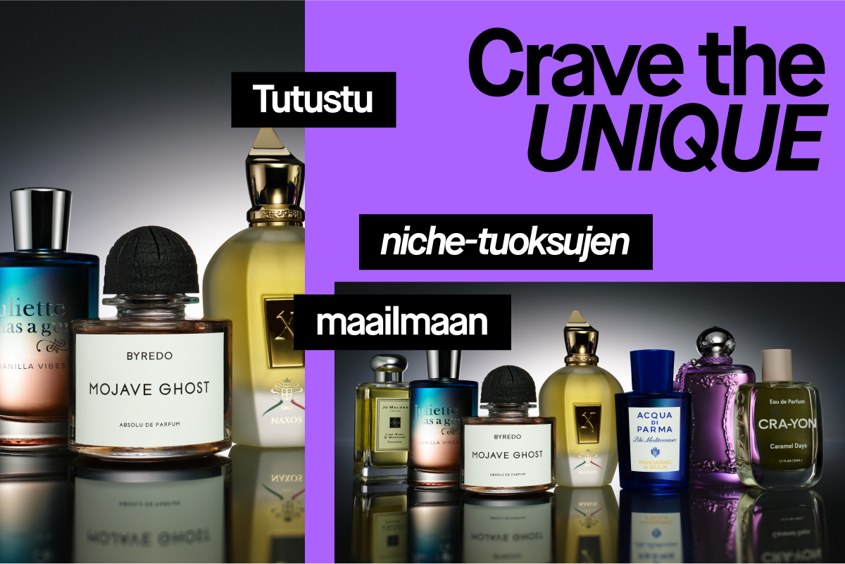 Kokoelma niche-hajuvesiä tekstillä "Tutustu niche-tuoksujen maailmaan" ja "Crave the UNIQUE".