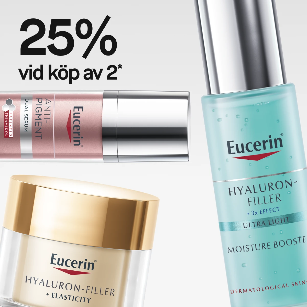 Bild som visar tre Eucerin produkter: en blå flaska med Eucerin Hyaluron-Filler Moisture Booster, en vit burk med Eucerin Hyaluron-Filler + Elasticity, och en rosa flaska med Eucerin Anti-Pigment Dual Serum. Texten "25% vid köp av 2*" är synlig. Bakgrunden är vit.