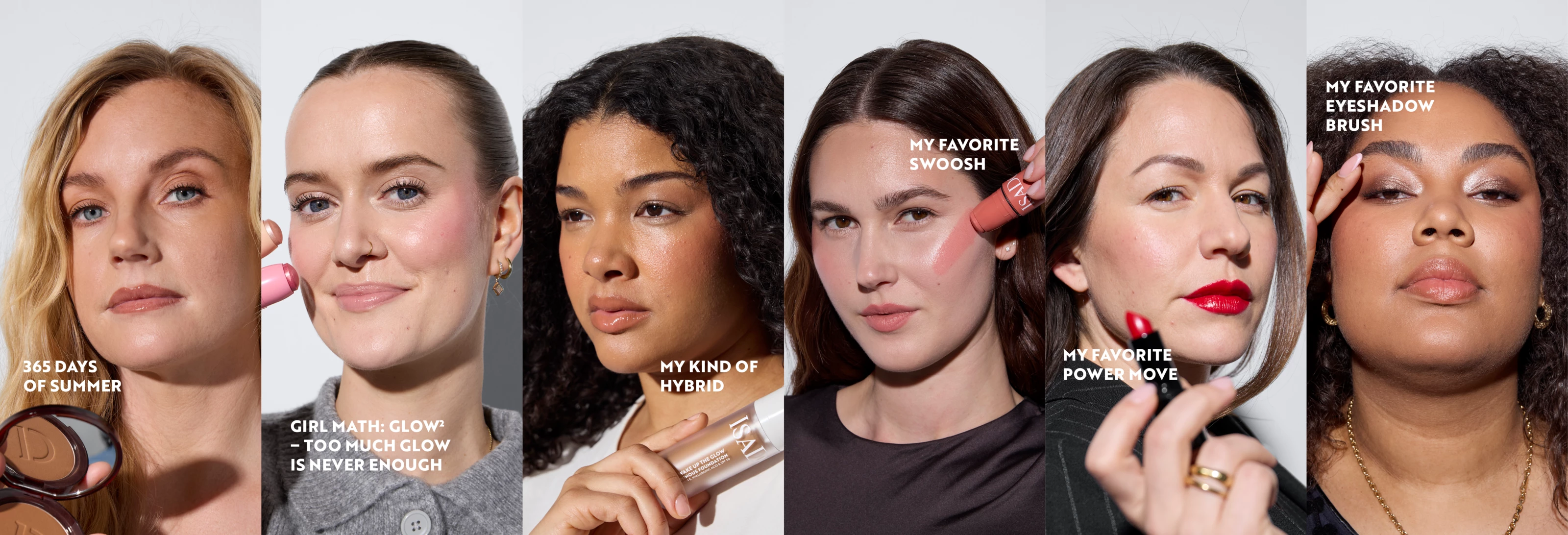 Fem personer holder ulike IsaDora-produkter foran en hvit bakgrunn, med tekst som beskriver produktene og deres egenskaper.