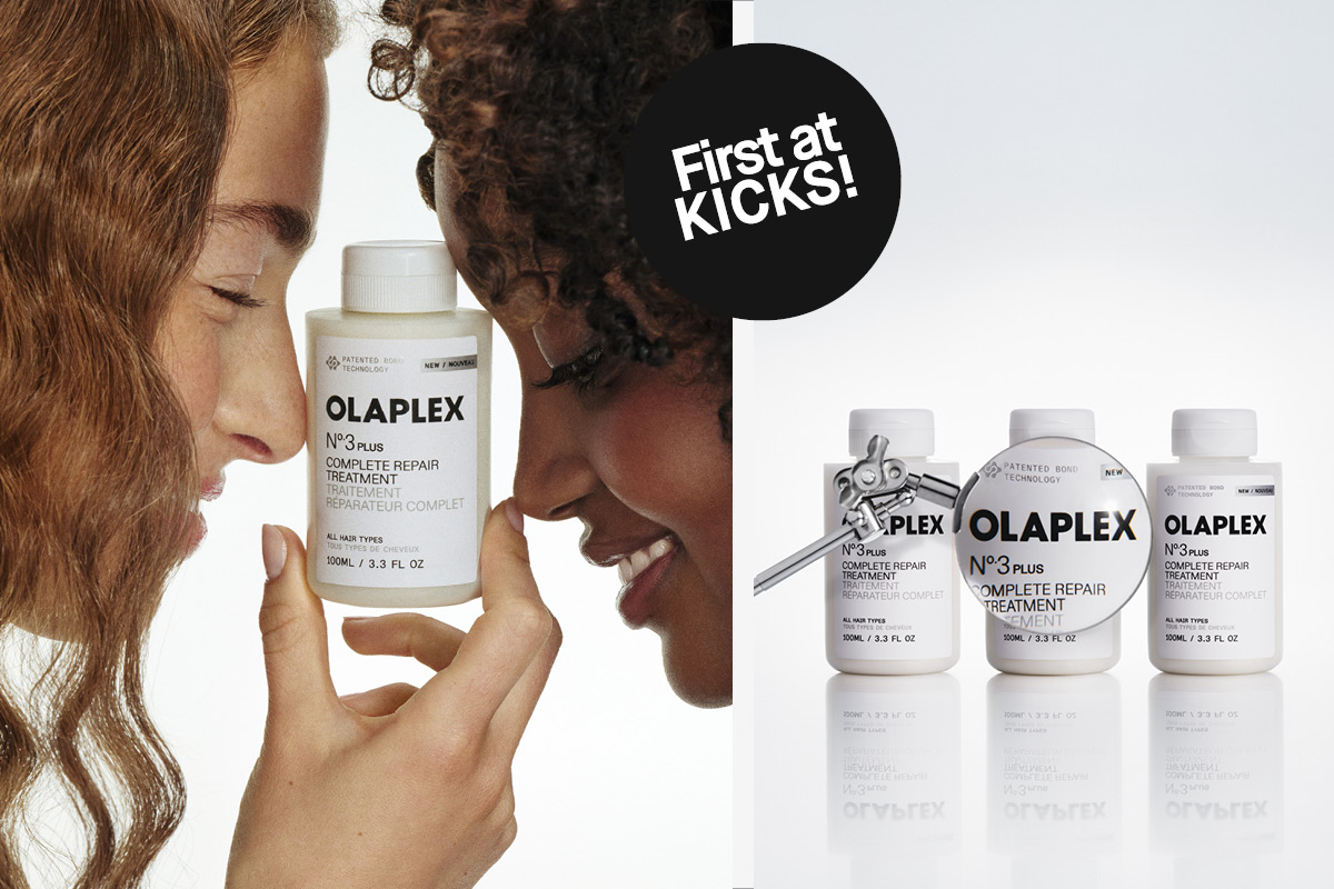 Olaplex No.3 med personer og produktflasker på lys bakgrunn.