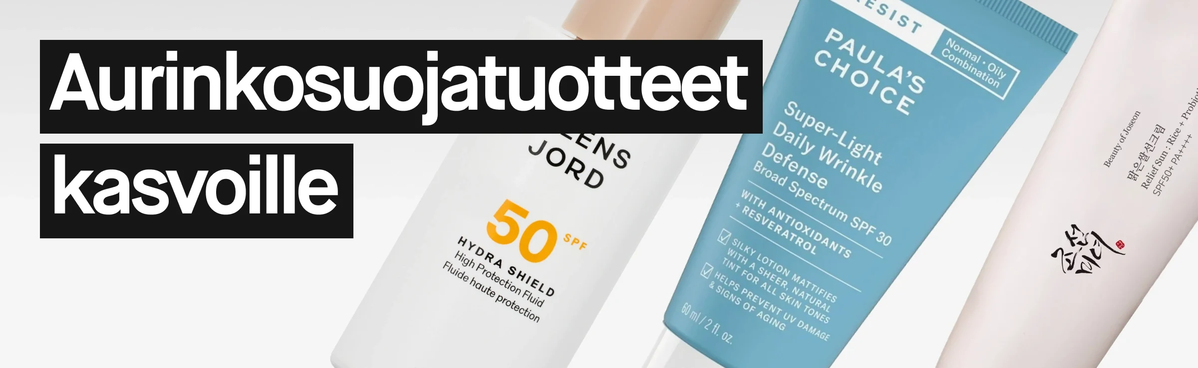 Useita kasvojen aurinkosuojatuotteita nojaamassa toisiinsa, muun muassa La Roche-Posay Anthelios SPF50+ ja Nilens Jord Hydra Shield SPF50, vaaleaa taustaa vasten.