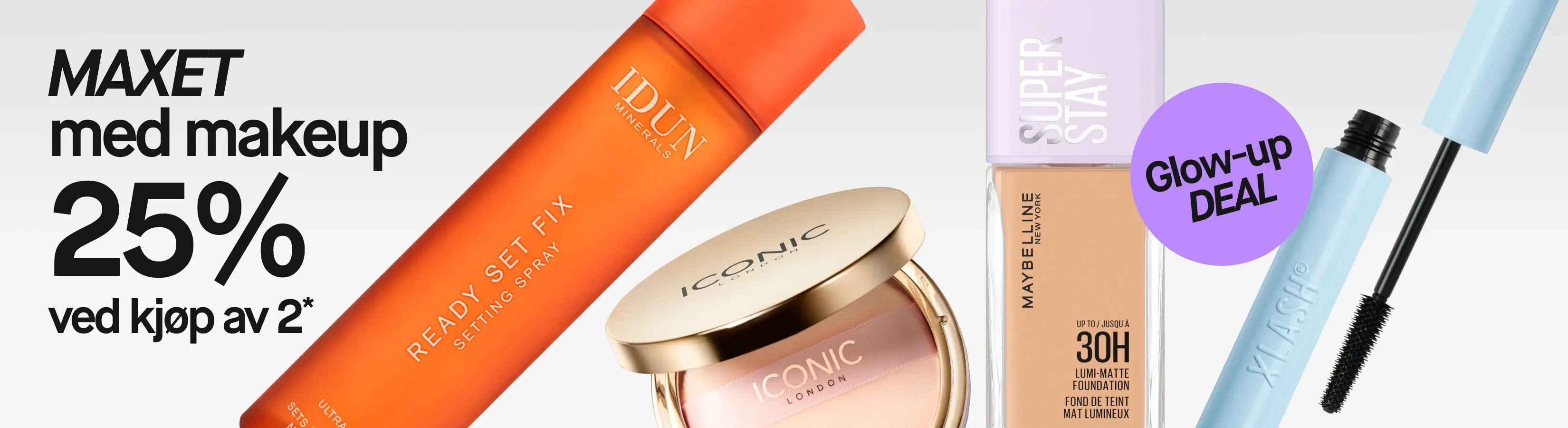 MAKS med makeup, 25% ved kjøp av 2*. Glow-up DEAL med IDUN Minerals Ready Set Fix Setting Spray, ICONIC London makeup i gullfarget etui, Maybelline New York Super Stay opptil 30H Lumi-Matte Foundation og Xlash mascara med synlig mascarabørste.