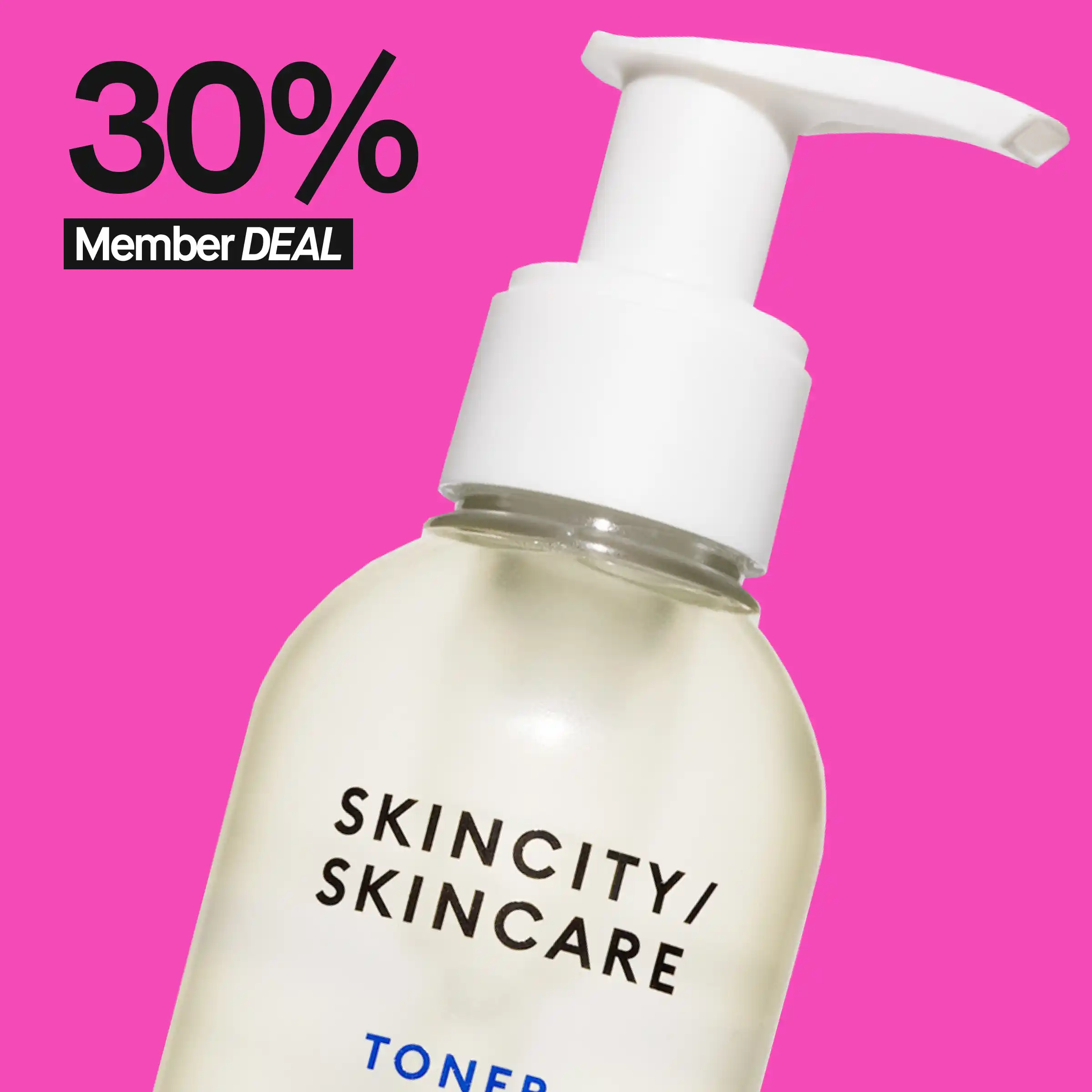 Skincity Skincare fuktighetsgivende toner med 30 % rabatt for medlemmer, mot en rosa bakgrunn. 