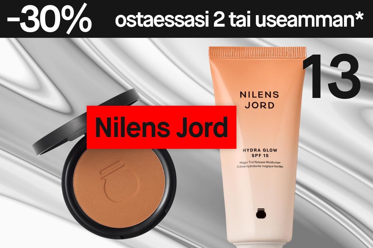 Kaksi Nilens Jord -tuotetta – Hydra Glow SPF 15 ja aurinkopuuteri – hopeanharmaalla taustalla ja teksti “30% ostaessa 2”.