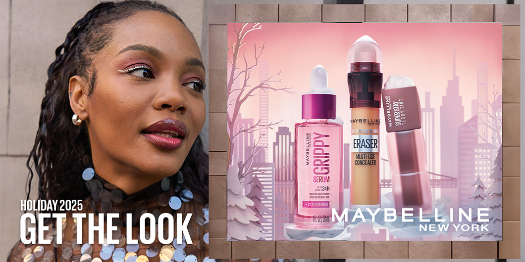 Maybelline New Yorkin mainos, jossa on teksti "Holiday 2025 - Get the look". Kuvassa on henkilö, jolla on pitkät tummat hiukset ja kimaltava musta paita.