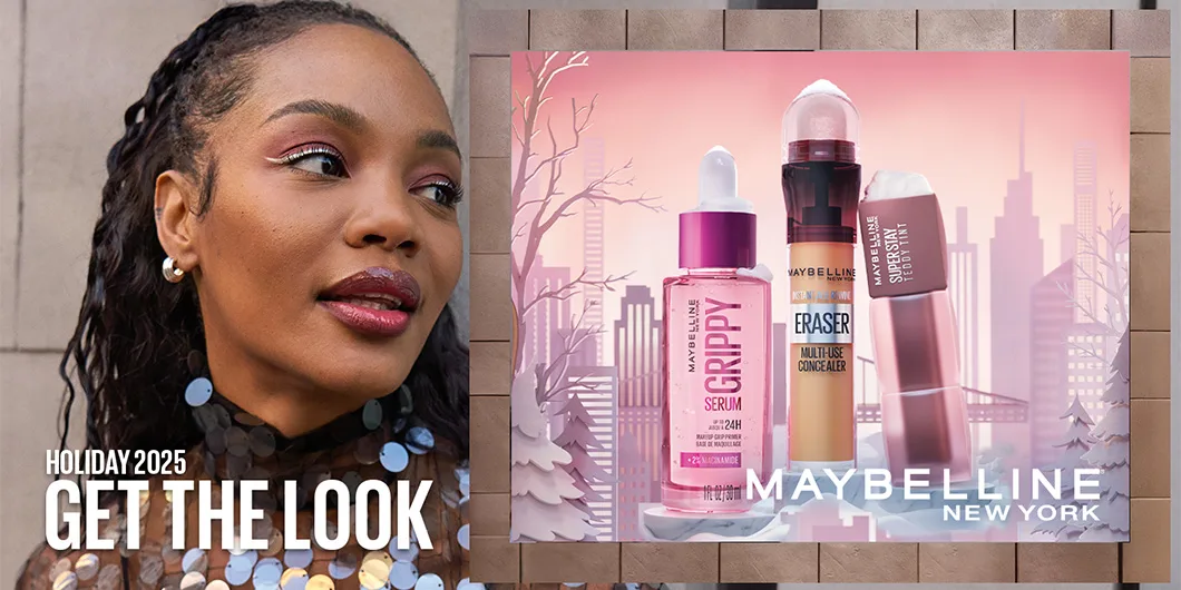 Maybelline New Yorkin mainos, jossa on teksti "Holiday 2025 - Get the look". Kuvassa on henkilö, jolla on pitkät tummat hiukset ja kimaltava musta paita.