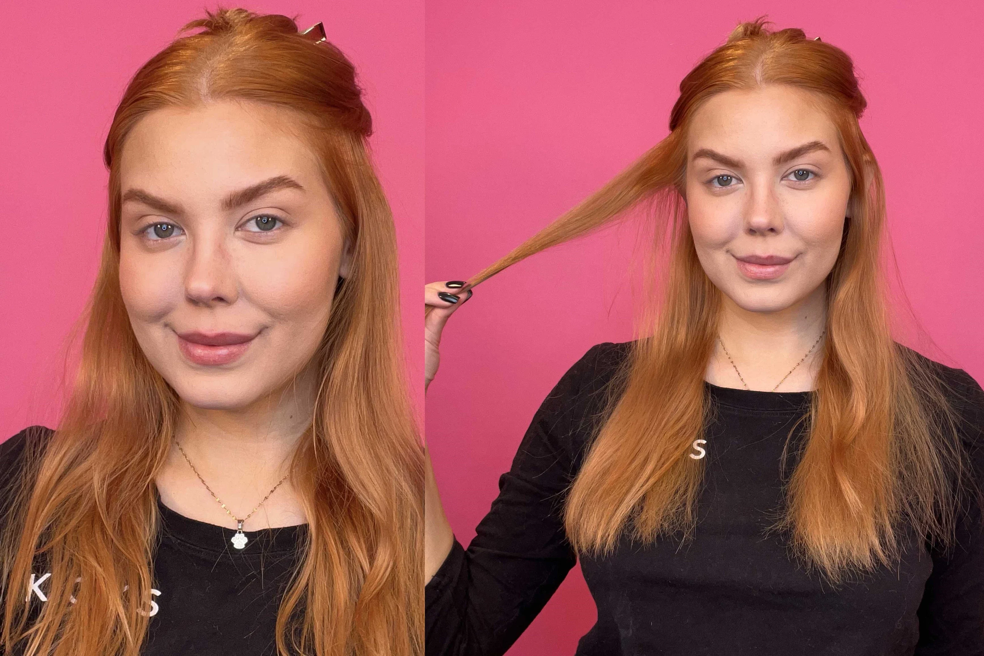 KICKS skjønnhetsekspert Isabella krøller håret mot en cerisebakgrunn.