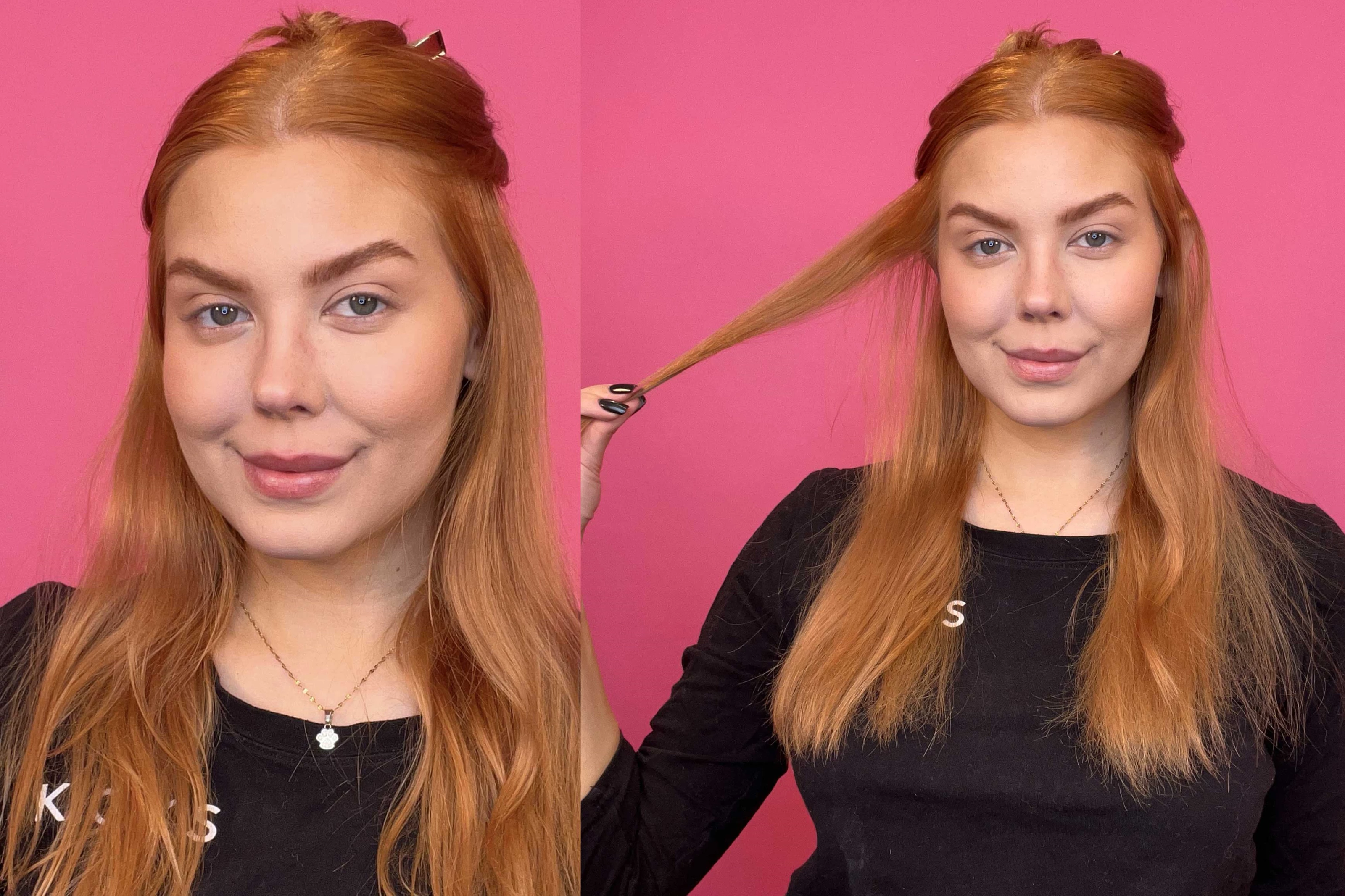 KICKS-kauneusasiantuntija Isabella kihartaa hiuksensa kirnaista taustaa vasten.