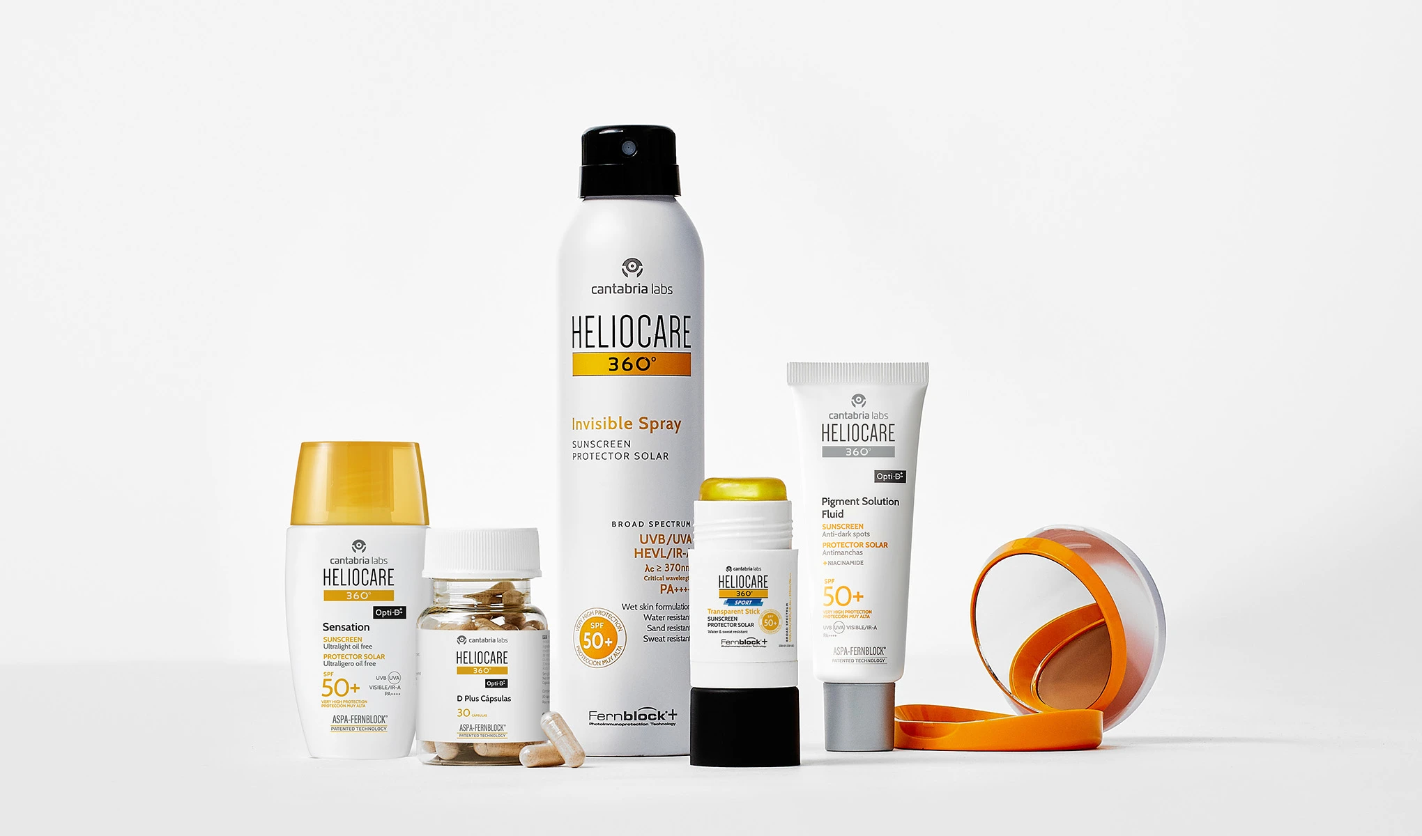 Cantabria Labs Heliocare 360° solbeskyttelsesprodukter: spray, kremer, stift og orale kapsler.