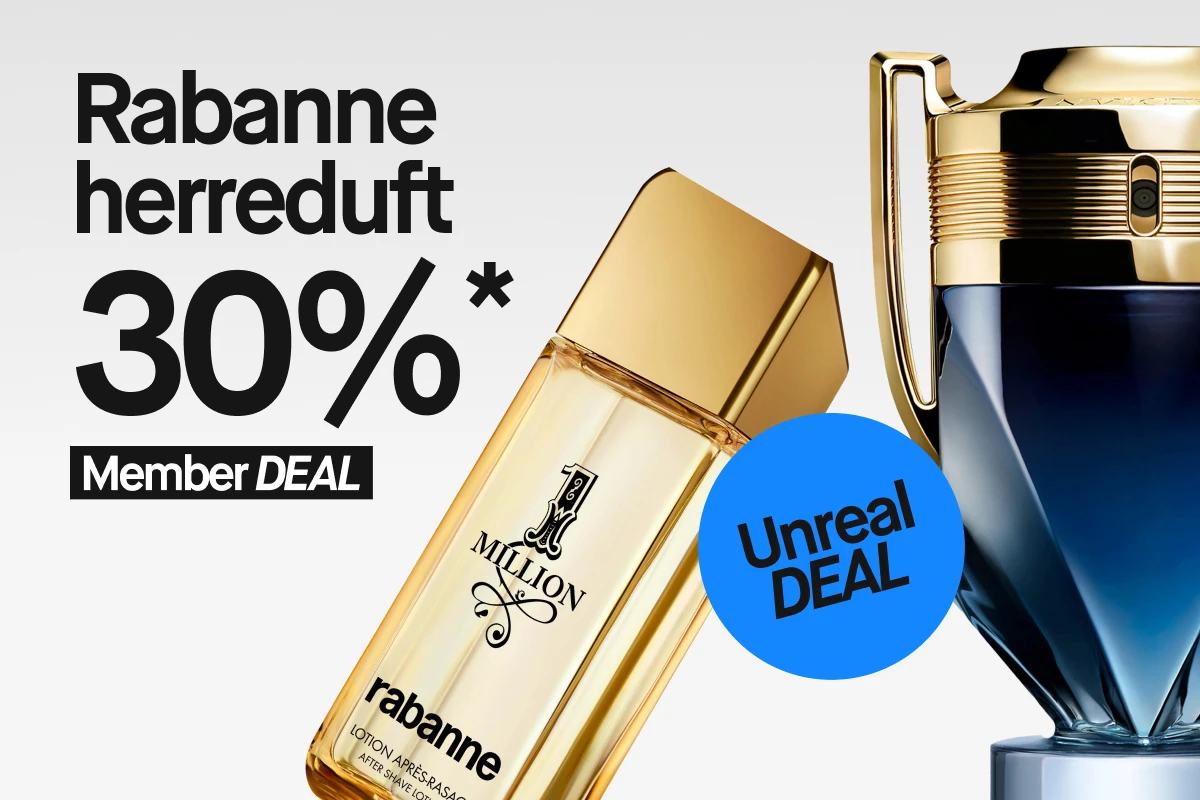 Rabanne herreduft med tre produkter: en blå pokalformet parfymeflaske, en sølvfarget parfymeflaske og en gullfarget deodorantstift. Tekst i bildet: “Rabanne herreduft 30%* Member DEAL” og en blå sirkel med teksten “Unreal DEAL”.