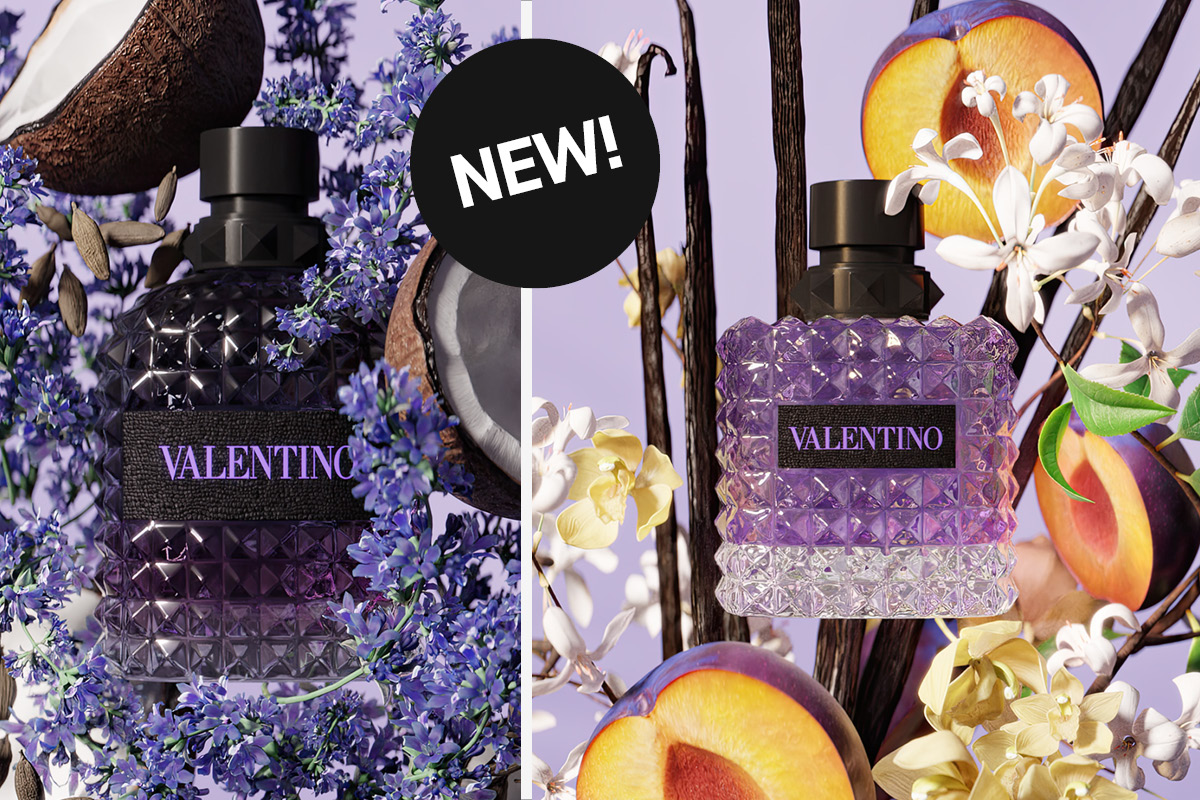 Två Valentino-parfymflaskor i lila toner omgivna av blommor och frukt. Uppe en svart cirkel med texten ”NEW!”.