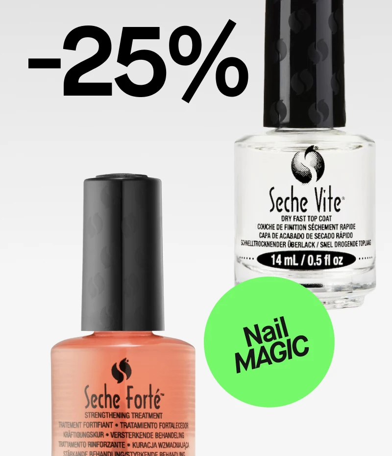 Kuva, jossa lukee "-25%" vaalealla taustalla. Kuvassa kaksi Seche Vite -kynsituotetta: valkoinen Dry Fast Top Coat -päällyslakka ja oranssi Seche Forté Strengthening Treatment -vahvistava hoitoaine. Yhdessä pullossa on vihreä ympyrä, jossa lukee "Nail MAGIC".