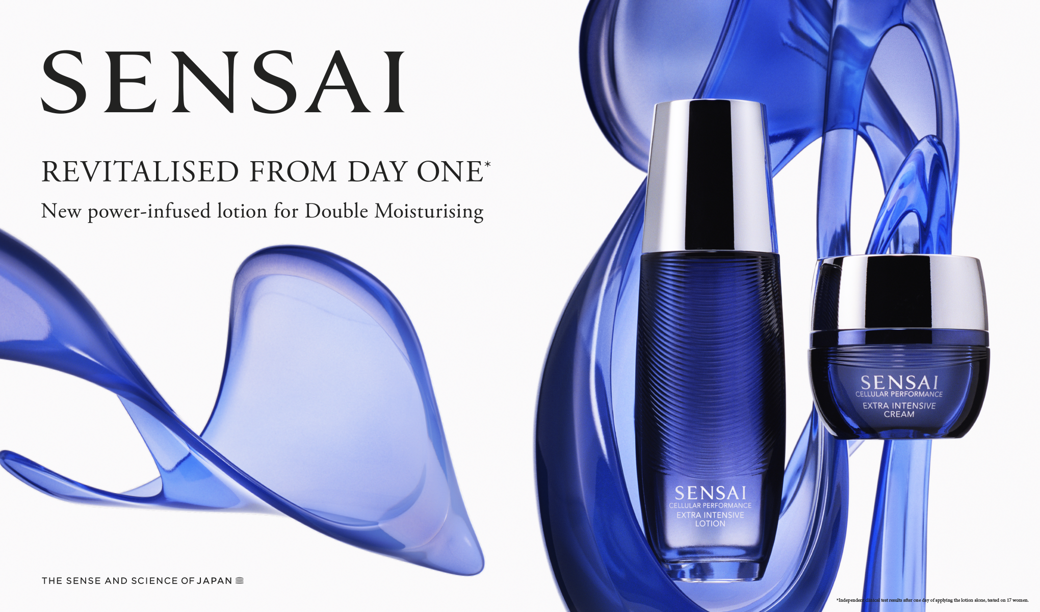 SENSAI Revitalised from day one*. New power-infused lotion for Double Moisturising. The sense and science of Japan.