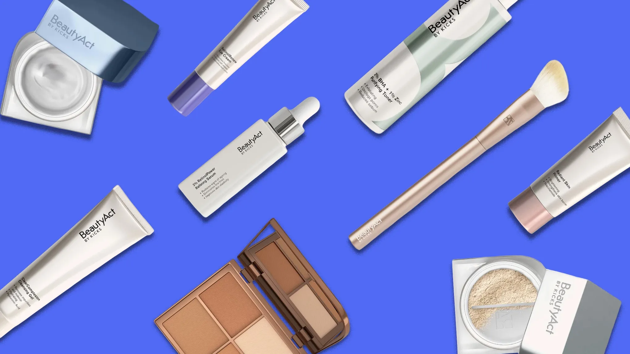 En samling skönhetsprodukter från BeautyAct by Kicks, inklusive krämer, serum, toner, sminkborste och palett, mot en blå bakgrund.