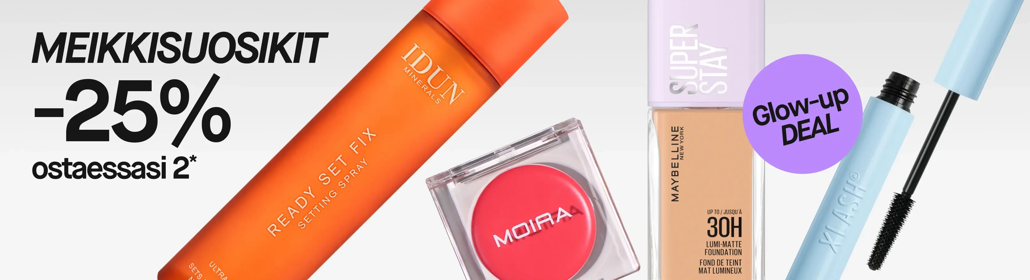 TÄYSILLÄ meikkiä, 25% ostettaessa 2 tuotetta*. Glow-up DEAL, mukana IDUN Minerals Ready Set Fix Setting Spray, ICONIC London -meikkituote kullanvärisessä rasiassa, Maybelline New York Super Stay jopa 30H Lumi-Matte Foundation ja Xlash-ripsiväri näkyvällä ripsiväriharjalla.
