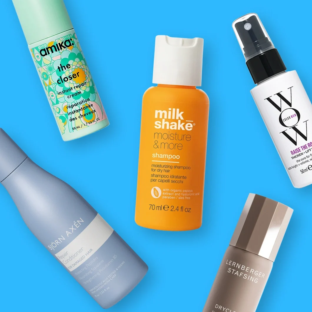 Hiustenhoitotuotteita sinistä taustaa vasten: Amika The Closer Instant Repair Cream, milk_shake Moisture & More Shampoo, WOW Raise The Root, Björn Axén Repair Conditioner ja Lernberger Stafsing Dryclean Soft. Pakkauksissa näkyvät muun muassa tekstit ”the closer instant repair cream”, ”milk_shake moisture & more shampoo”, ”WOW Raise The Root”, ”BJÖRN AXÉN Repair Conditioner” ja ”LERNBERGER STAFSING”.