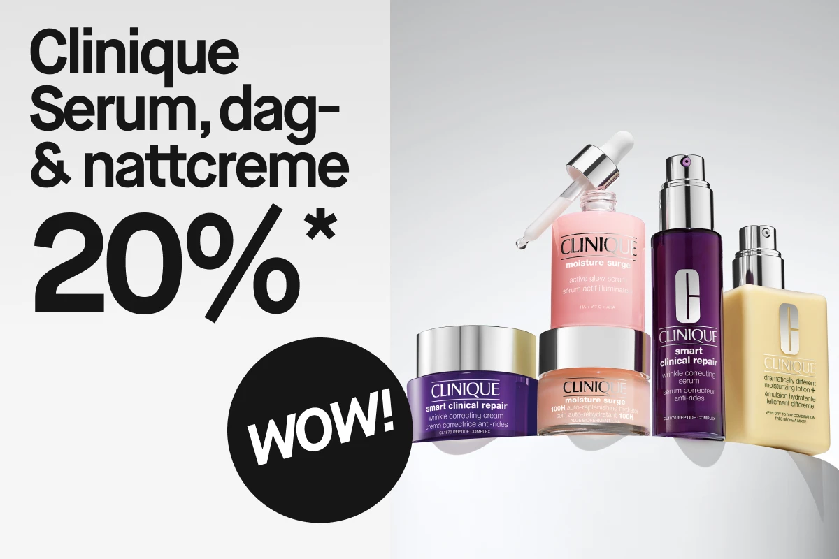 Clinique-produkter, inklusive serum, dag- och nattkrämer, visas mot en vit bakgrund. Till vänster finns svart text som annonserar 20 % rabatt, och till höger en svart cirkel med texten "WOW!".