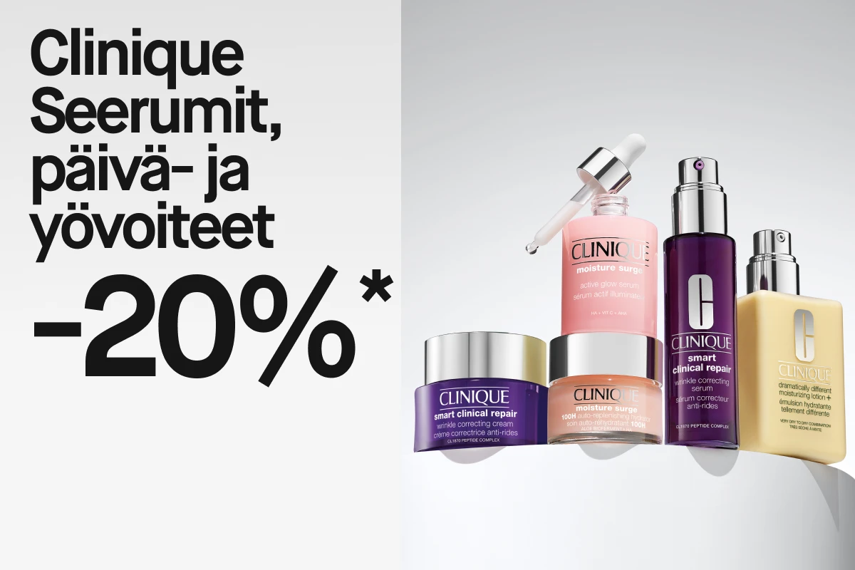 Clinique-tuotteet, mukaan lukien seerumit, päivä- ja yövoiteet, ovat esillä valkoisella taustalla. Vasemmalla on musta teksti, joka ilmoittaa 20 % alennuksesta, ja oikealla on musta ympyrä, jossa lukee "WOW!".