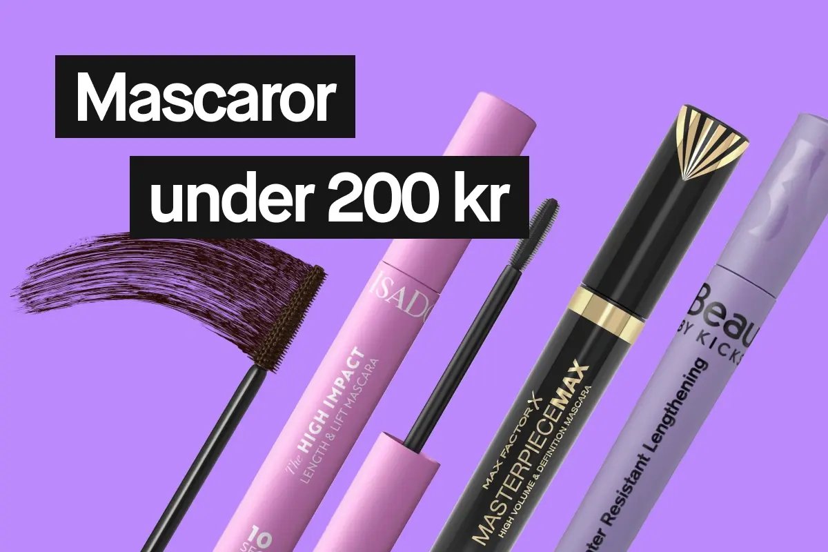 Texten “Mascaror under 200 kr” visas tillsammans med flera mascaror och en mascaraborste med produkt.
