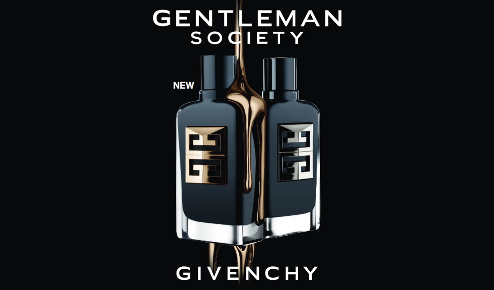 Givenchy introduserer sin nye parfyme med en elegant flaske, fremhevet av en gylden væske som renner mellom to flasker.