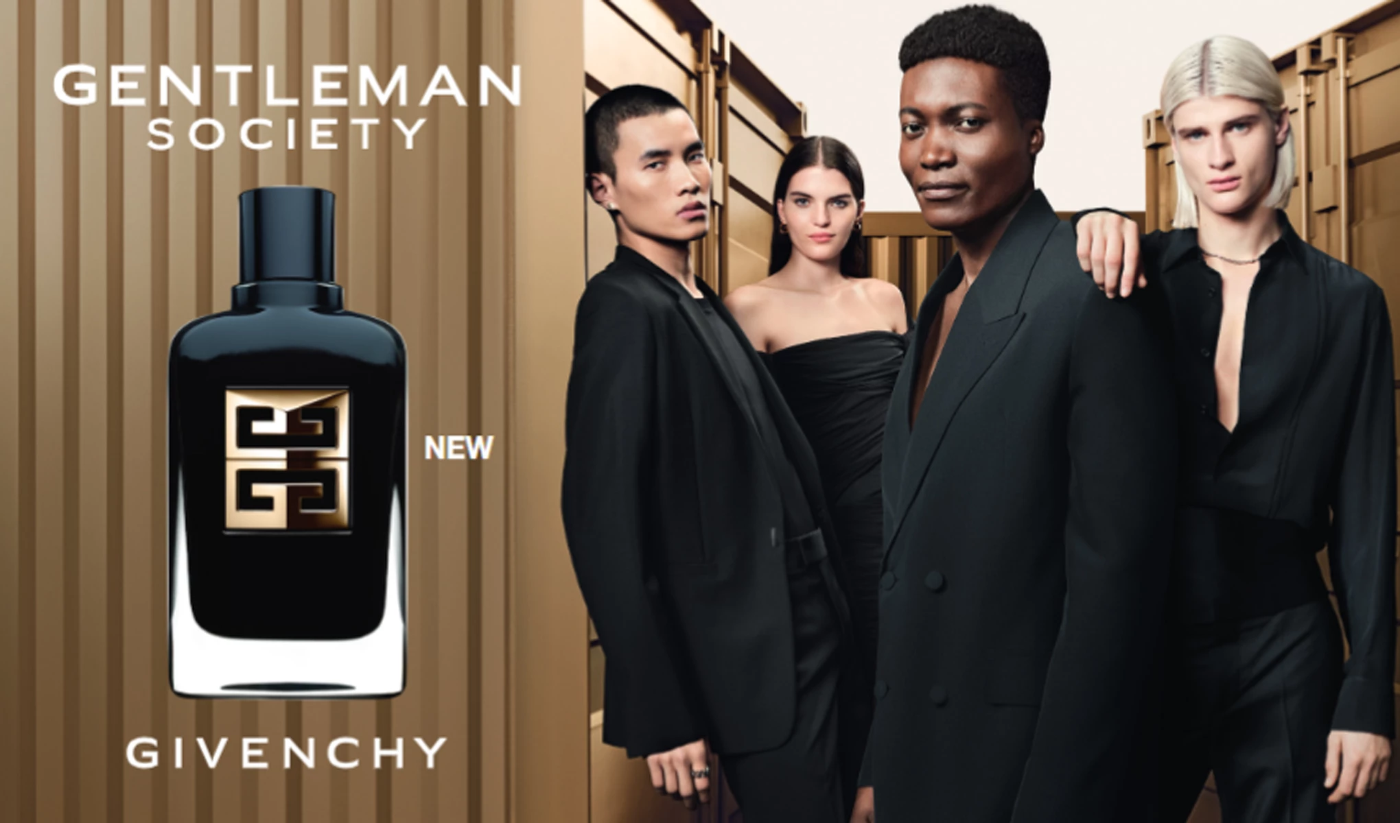 Givenchy esittelee uuden hajuvetensä tyylikkäässä pullossa, jota ympäröivät mustiin pukeutuneet tyylikkäät mallit.