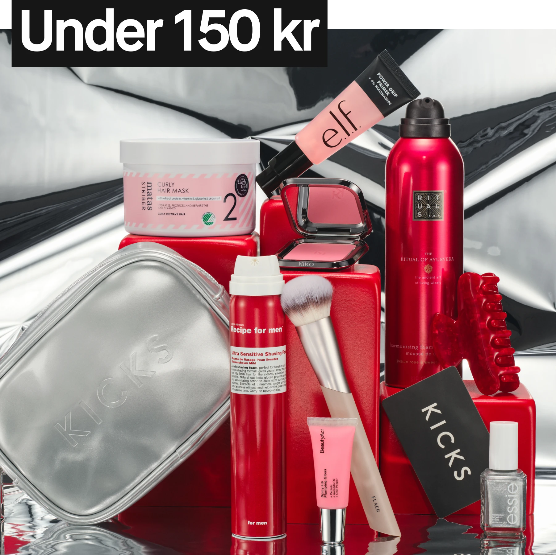 Julklappar under 150 kr står samlade mot silvrig bakgrund.