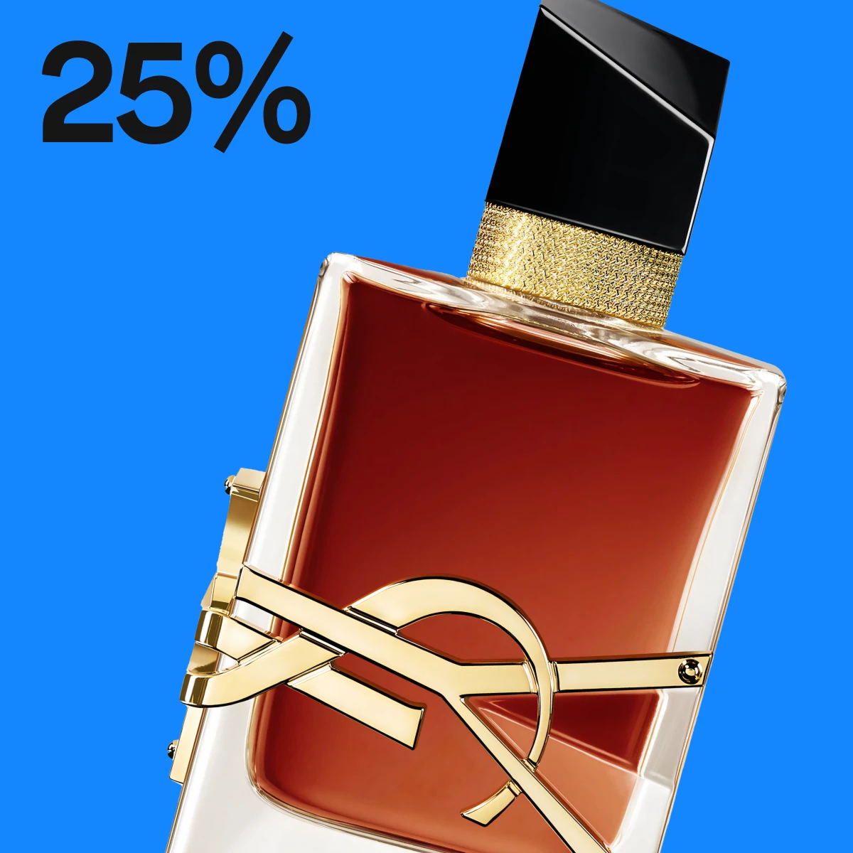 Yves Saint Laurent parfymeflaske med teksten 20% rabatt, mot en blå bakgrunn.
