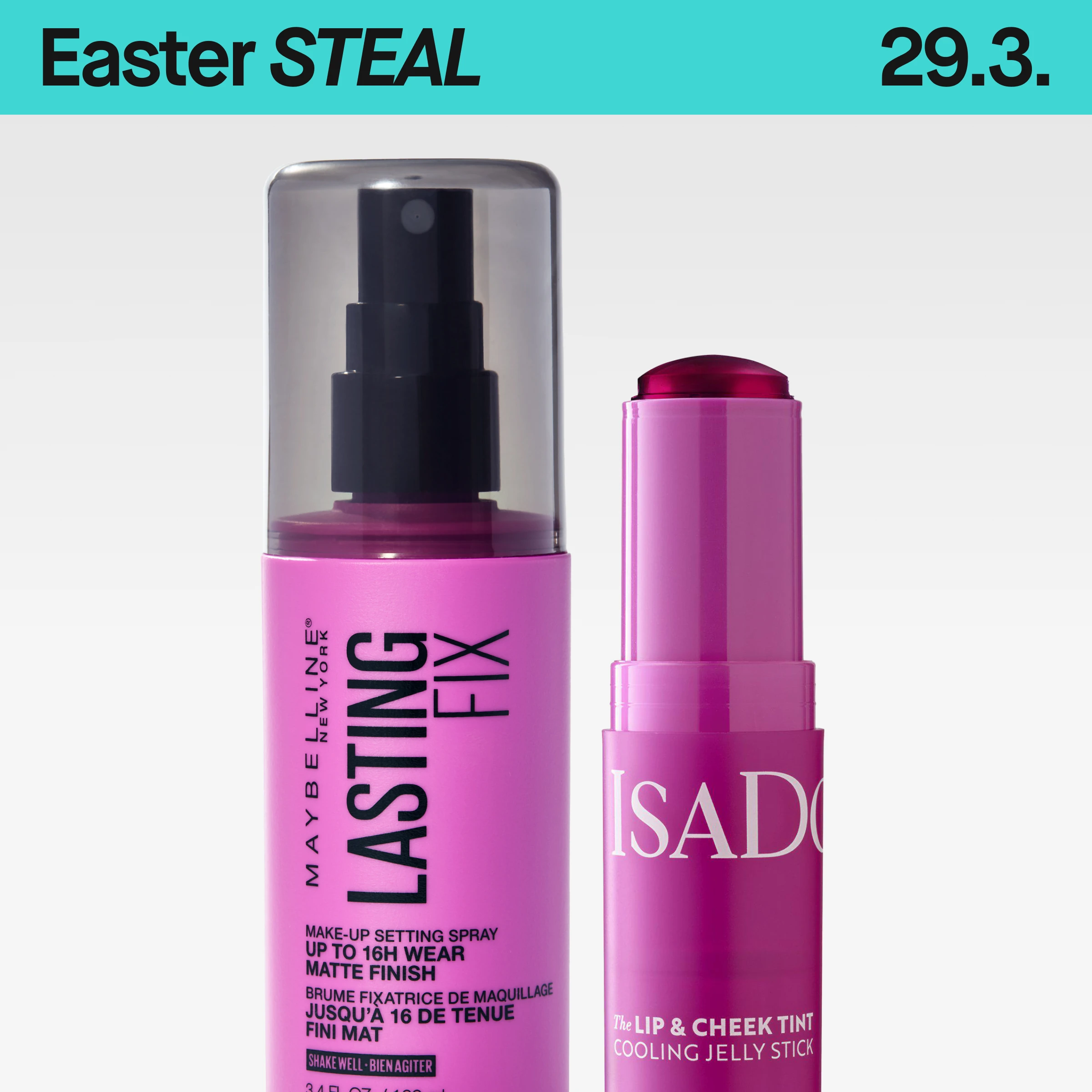 Tuotekuva, jossa vaaleanpunainen Maybelline Lasting Fix -kiinnityssuihke ja IsaDora The Lip & Cheek Tint Cooling Jelly Stick vaaleaa taustaa vasten.