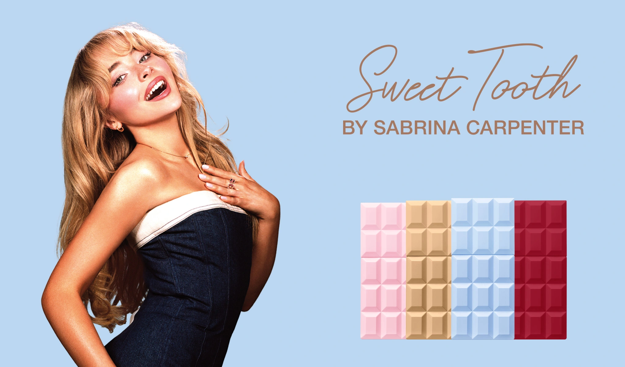 Sabrina Carpenter poserar på "Sweet Tooth"-omslaget med ljusblå bakgrund och färgglada chokladkakor.