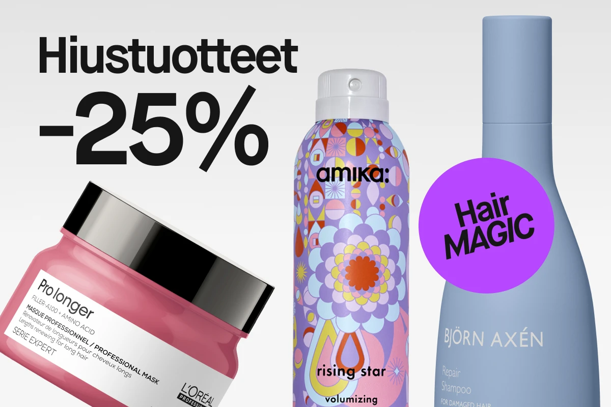 Anua hiussuihke monissa väreissä, vaaleanpunainen lasipurkki L'Oréalin hiusnaamio ja sininen tuubi Björn Axénin hoitoainetta vaaleanharmaata taustaa vasten. 25% alennus hiustuotteista.