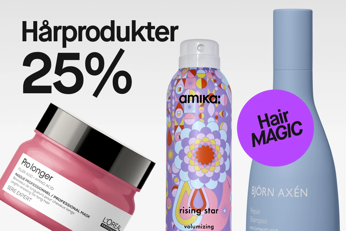 Anua hårspray i massor av färger, en rosa glasburk med hårmask från L'Oréal och en blå tub med balsam från Björn Axén mot en ljusgrå bakgrund. 25% rabatt på hårprodukter.