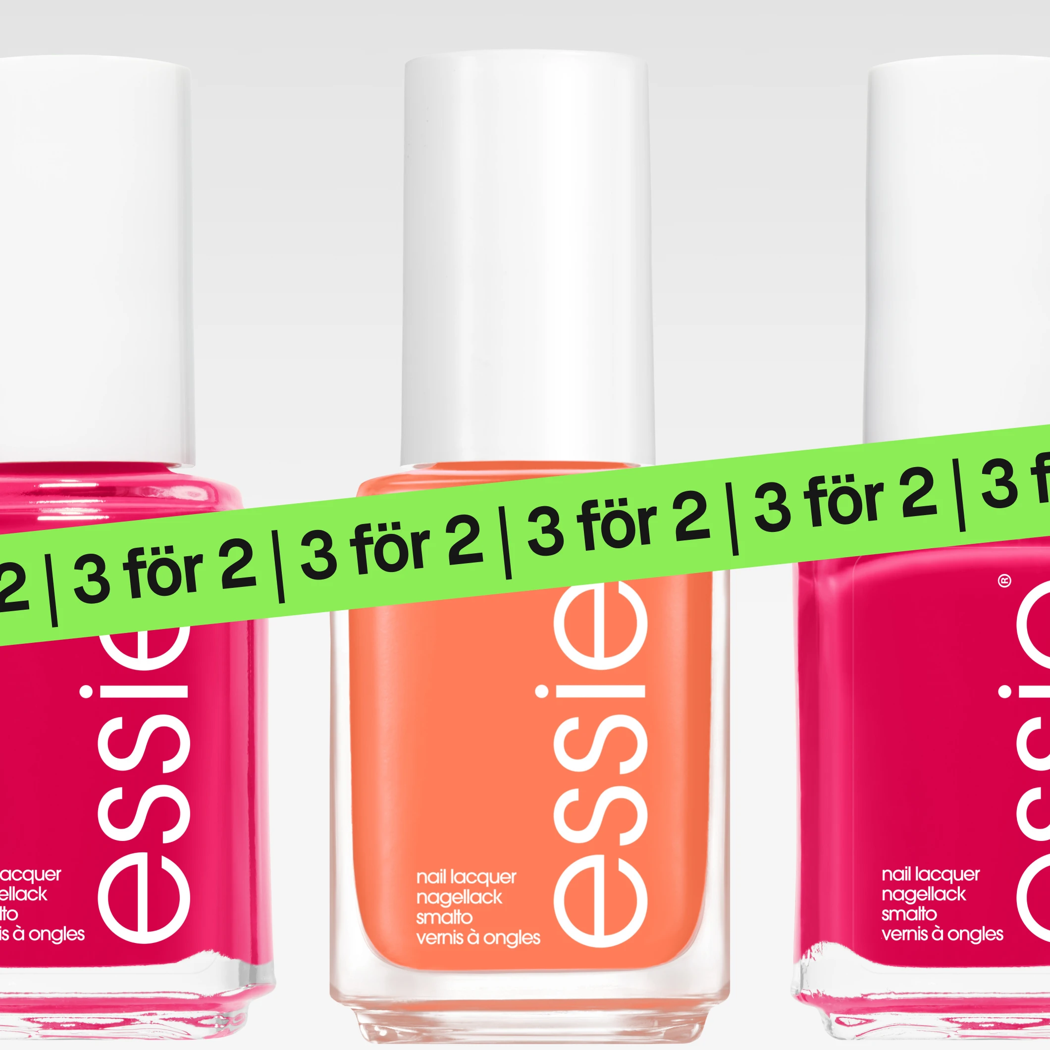 Närbild av Essie nagellack i rosa och orange färger med texten “essie” och “nail lacquer nagellack smalto vernis à ongles”, överlagd av en grön “3 för 2”-banderoll.