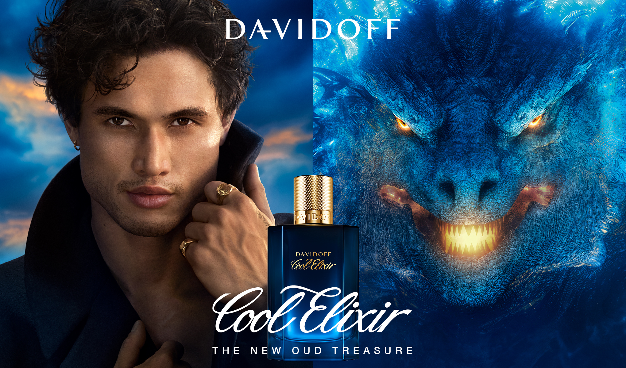 DAVIDOFF Cool Elixir -tuoksu on esillä sinisen lohikäärmeen edessä ja taustalla näkyy taivas. Kuvassa lukee "Cool Elixir - The New Oud Treasure".