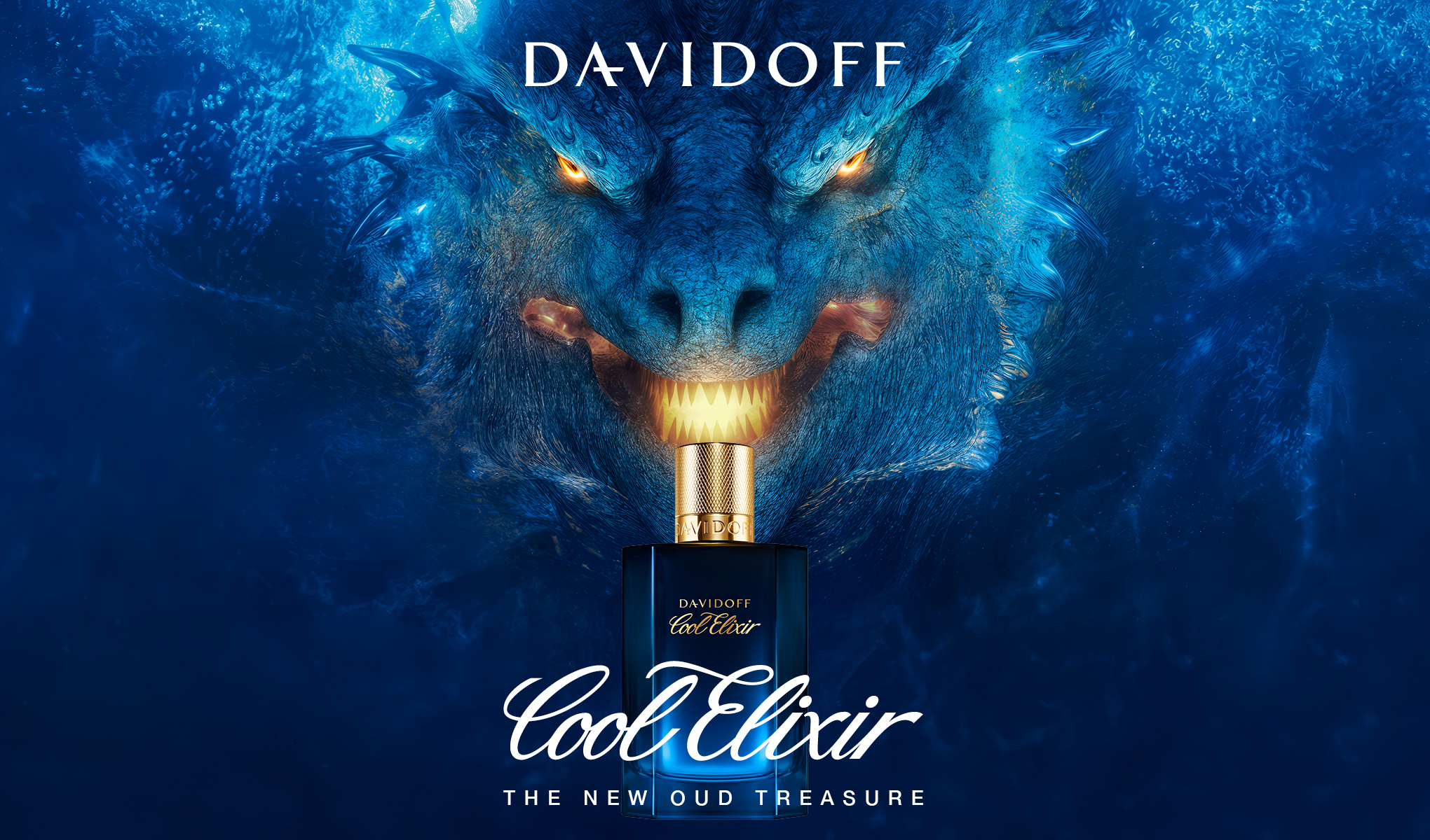 DAVIDOFF Cool Elixir-parfymen er avbildet foran en blå drage som ser kraftfull og mystisk ut. Bildet har teksten "Cool Elixir - The New Oud Treasure".