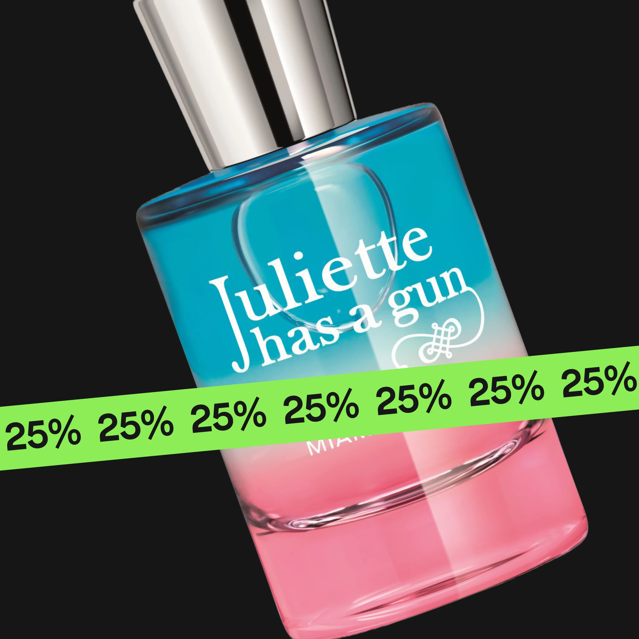 Juliette has a gun Miami Shake parfymflaska i blå och rosa ton mot svart bakgrund med texten "Juliette has a gun" och "MIAMI SHAKE", överlagrad med grön banderoll med "25%".
