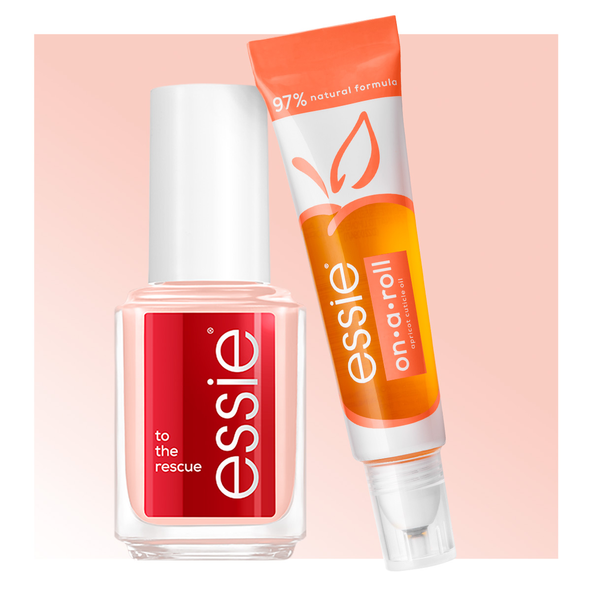 Essie-neglelakk og neglebåndsolje mot rosa bakgrunn. Neglelakkflasken er rød og har påskriften "to the rescue". Neglebåndsoljen er oransje og har påskriften "on a roll".