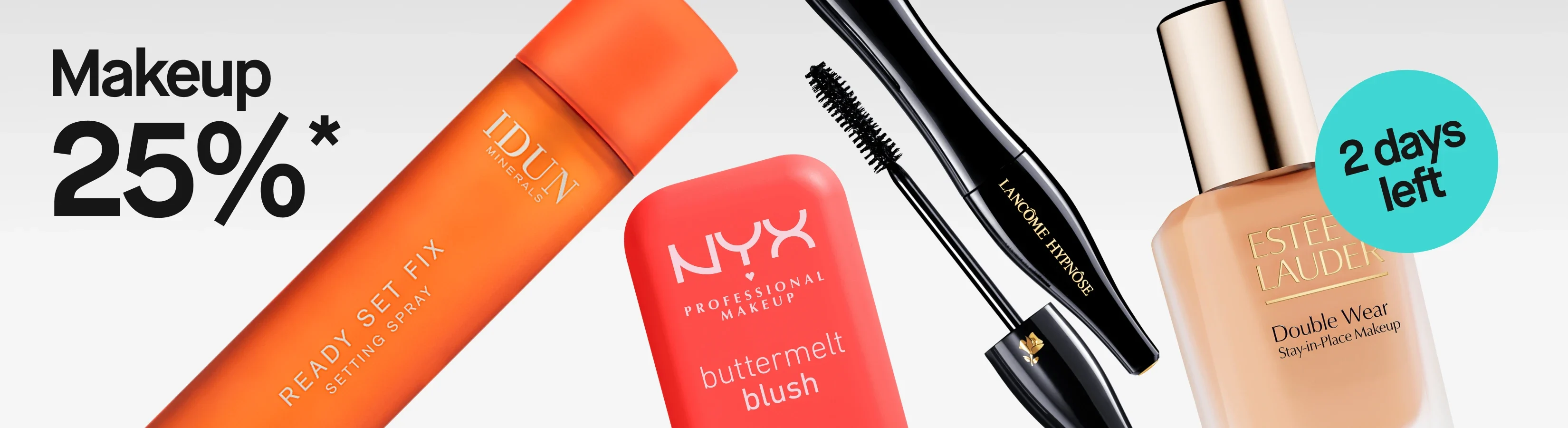 Makeup med 25% rabatt*: IDUN Minerals Ready Set Fix Setting Spray, NYX Professional Makeup Buttermelt Blush, Lancôme Hypnôse mascara och Estée Lauder Double Wear Stay-in-Place Makeup foundation. Turkos cirkel med texten ”2 days left”.