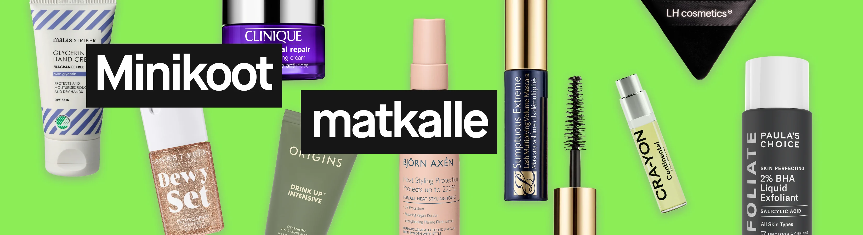 Matkakokoisia kauneustuotteita vihreällä taustalla ja teksti “Minis till resan”, kuten Matas Striber Glycerin Hand Cream, Clinique Smart Clinical Repair, Moroccanoil Treatment, Origins Drink Up Intensive, Björn Axén Heat Styling Protection, Estée Lauder mascara, Crayon Continental ja Paula’s Choice 2% BHA Liquid Exfoliant.