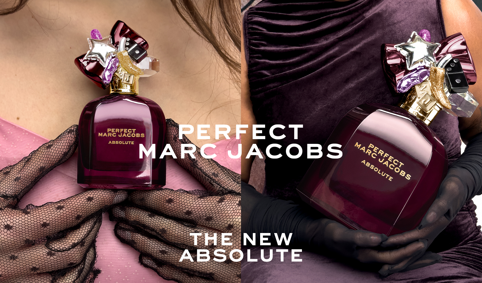 To bilder av Marc Jacobs Perfect Absolute-parfyme ved siden av hverandre. En person holder flasken med svarte nettinghansker. Teksten "Perfect Marc Jacobs" og "The New Absolute" er plassert over bildene.