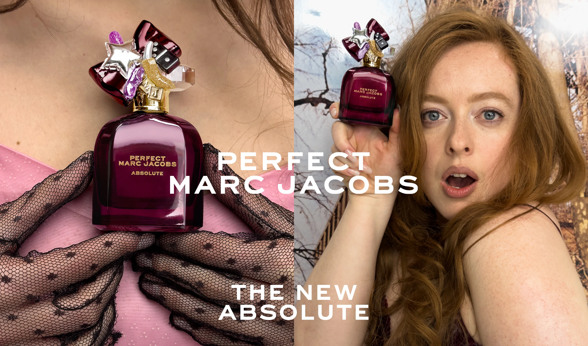 Kaksi kuvaa Marc Jacobs Perfect Absolute -hajuvedestä. Vasemmalla pulloa pitelee henkilö, jolla on mustat verkkokäsineet ja vaaleanpunainen paita. Teksti "Perfect Marc Jacobs" ja "The New Absolute" kuvien päällä.