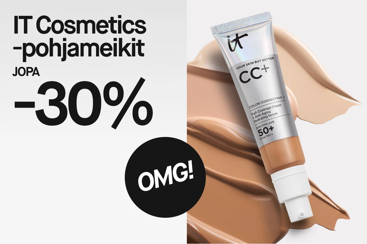 IT Cosmetics CC+ -pohjameikkituote vaalealla taustalla meikkivoidetekstuurin päällä, teksti ”IT Cosmetics -pohjameikit jopa -30 %” ja ”OMG!”.