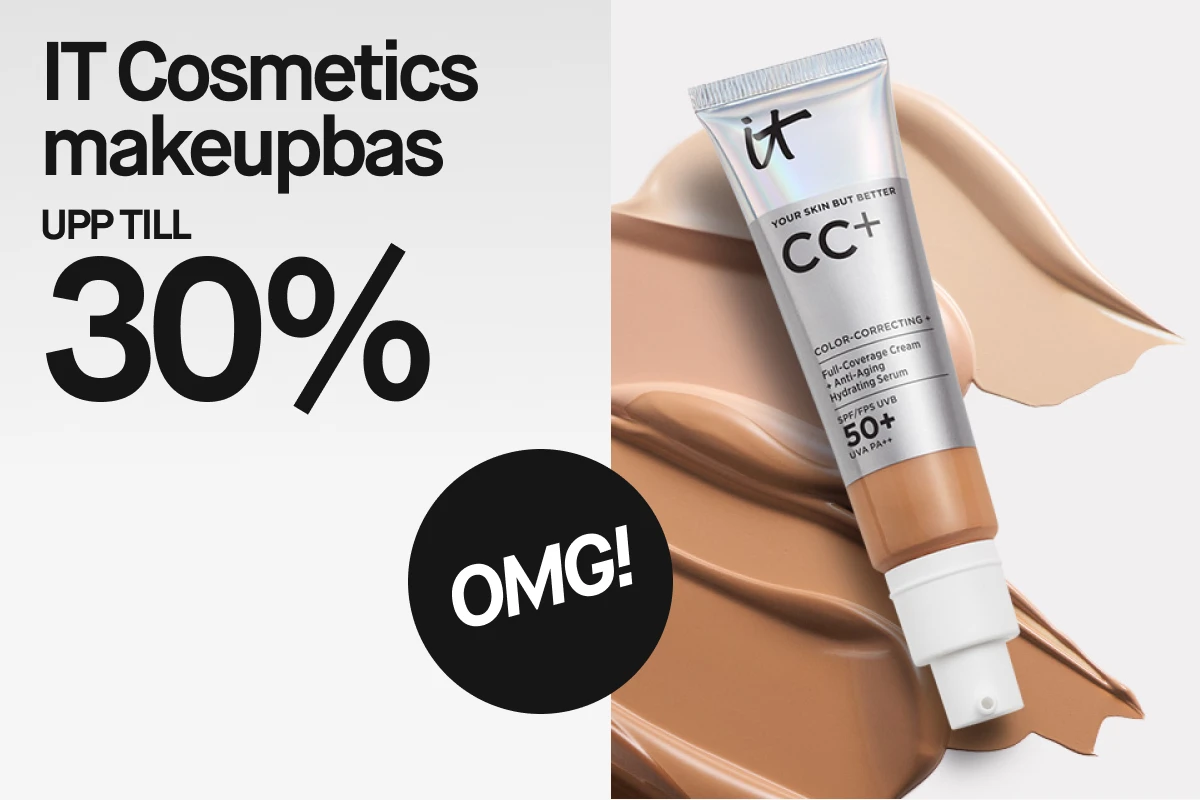 IT Cosmetics CC+ makeupbas mot ljus bakgrund med foundationtextur, med texten ”IT Cosmetics makeupbas upp till 30 %” och ”OMG!”.