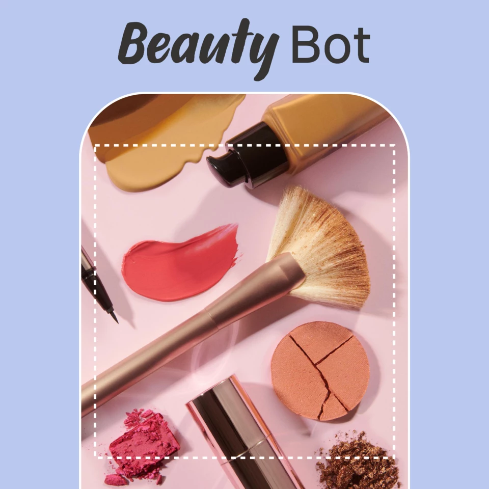 Olika sminkprodukter mot en rosa bakgrund under texten "Beauty Bot".
