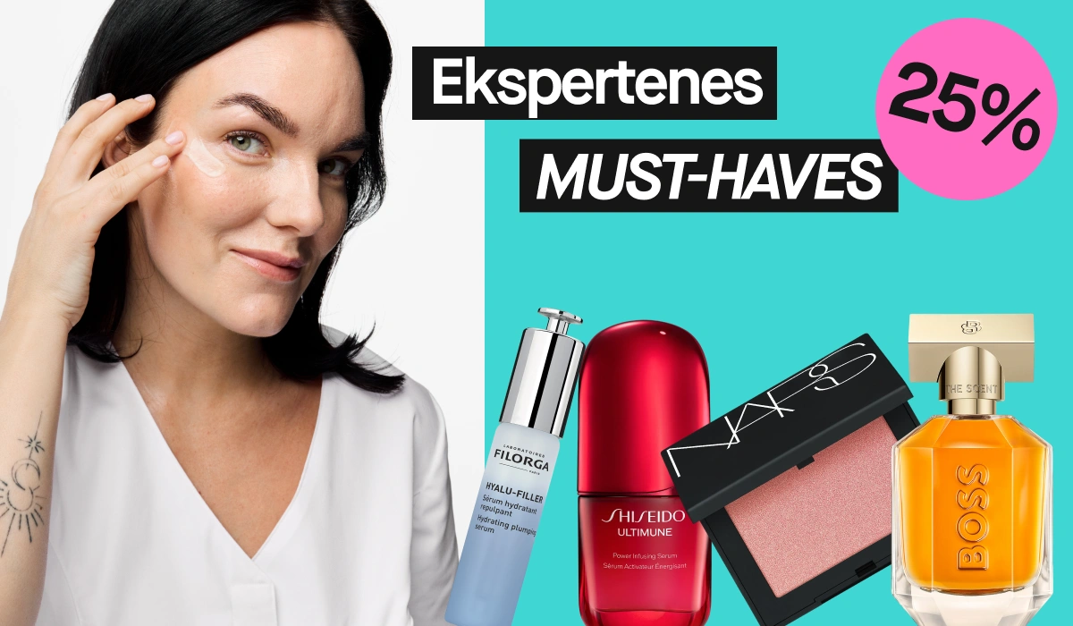 Person som påfører hudpleiekrem under øyet mot lys bakgrunn. Ved siden av vises produkter fra Filorga, Shiseido, NARS og Hugo Boss samt teksten «Experternas MUST-HAVES» og en rosa sirkel med teksten «25%». Synlig produkttekst inkluderer «HYAL-FILLER», «SHISEIDO ULTIMUNE», «NARS», «BOSS» og «THE SCENT».