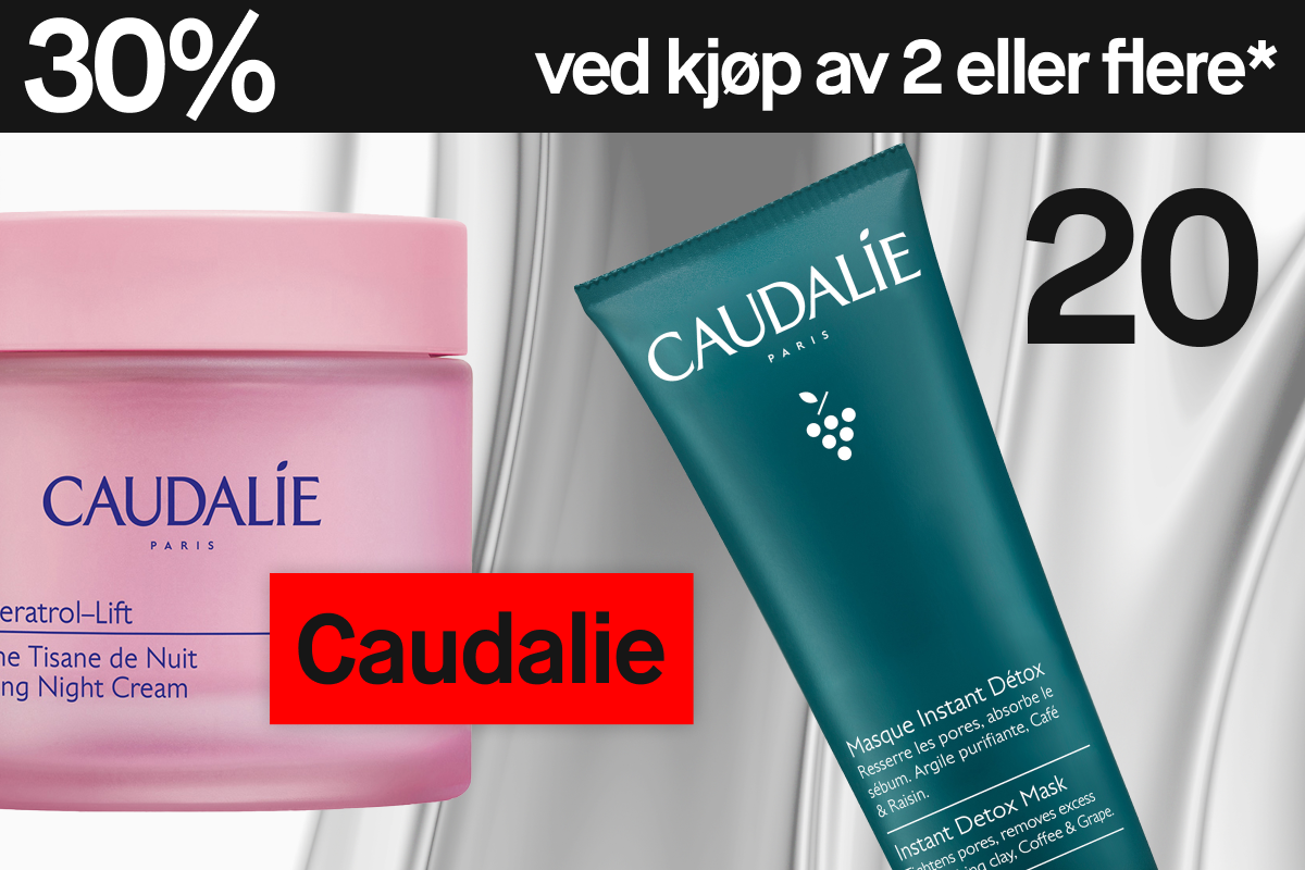 Hudpleieprodukter fra Caudalie – Resveratrol-Lift Night Cream og Instant Detox Mask – mot sølvgrå bakgrunn med “30% ved kjøp av 2”.