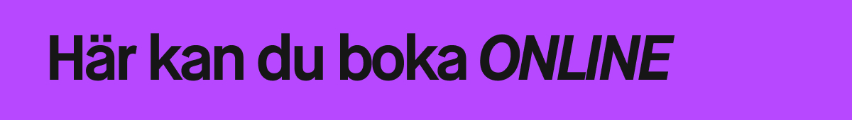 Här kan du boka online, svart text lila bakgrund