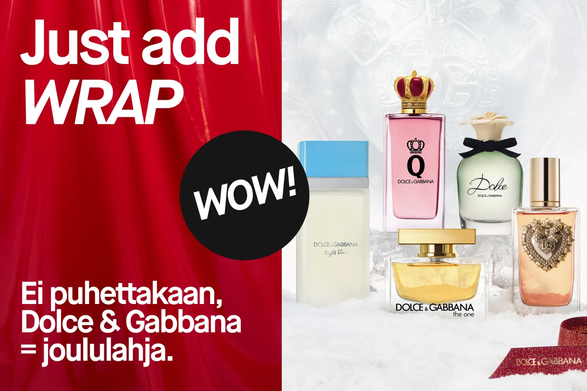 Dolce & Gabbana -hajusteita, kuten Light Blue, The One ja Q, lumisella pinnalla punaisen ja valkoisen taustan edessä – tyylikäs joulukampanja ylellisillä tuoksuilla.