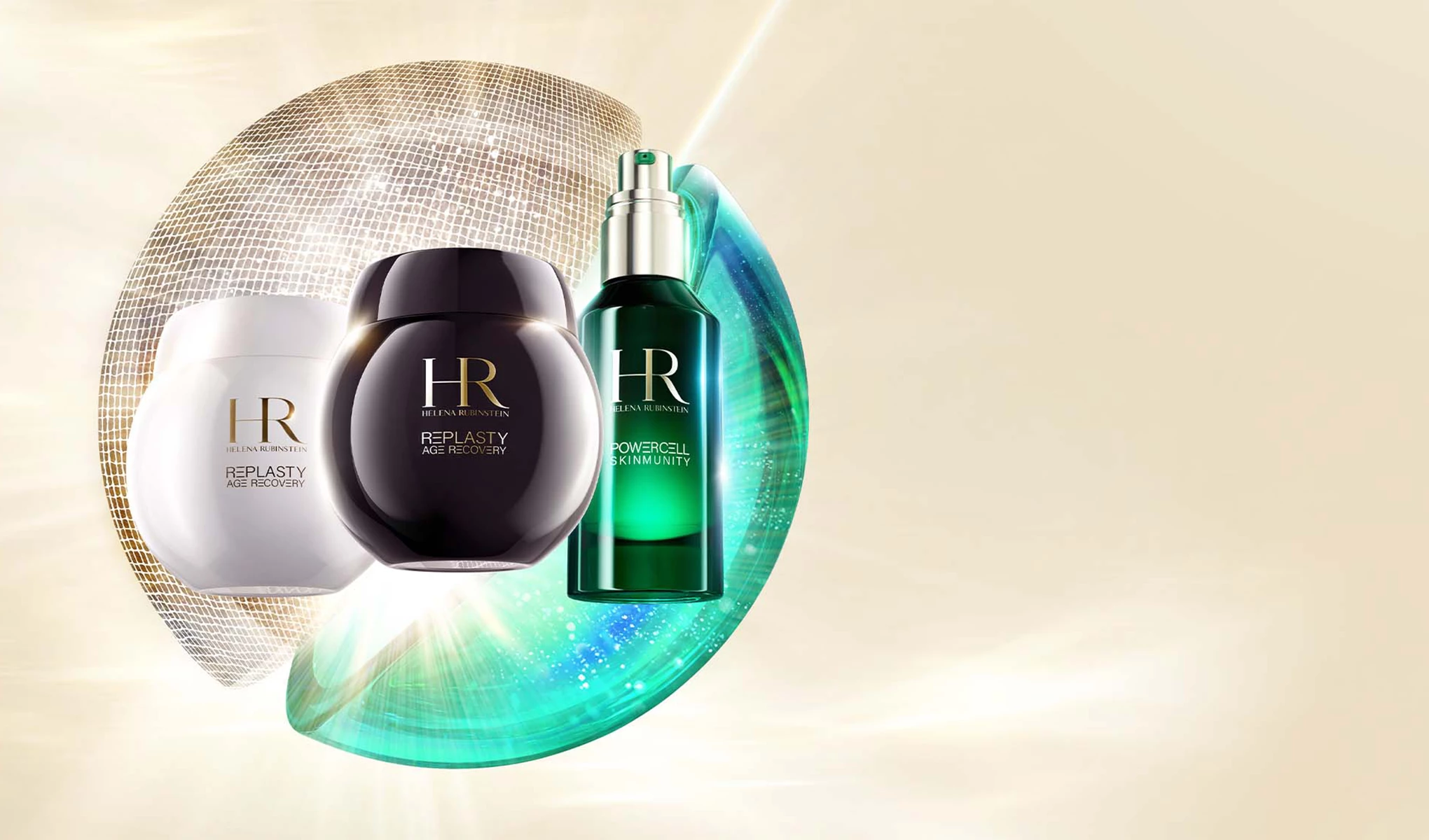 Tre produkter fra Helena Rubinstein på en beige bakgrunn.