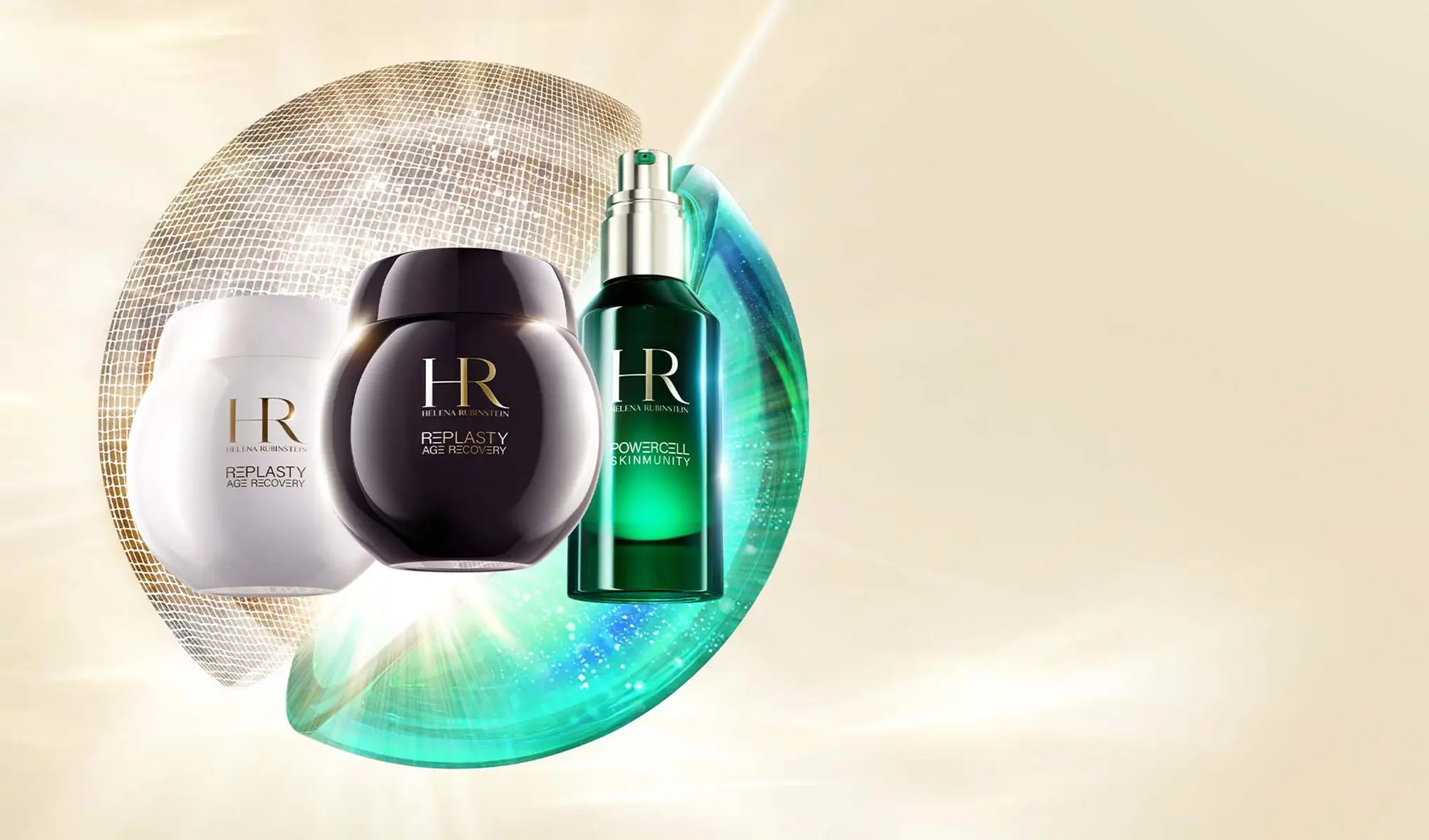 Tre produkter fra Helena Rubinstein på en beige bakgrunn.