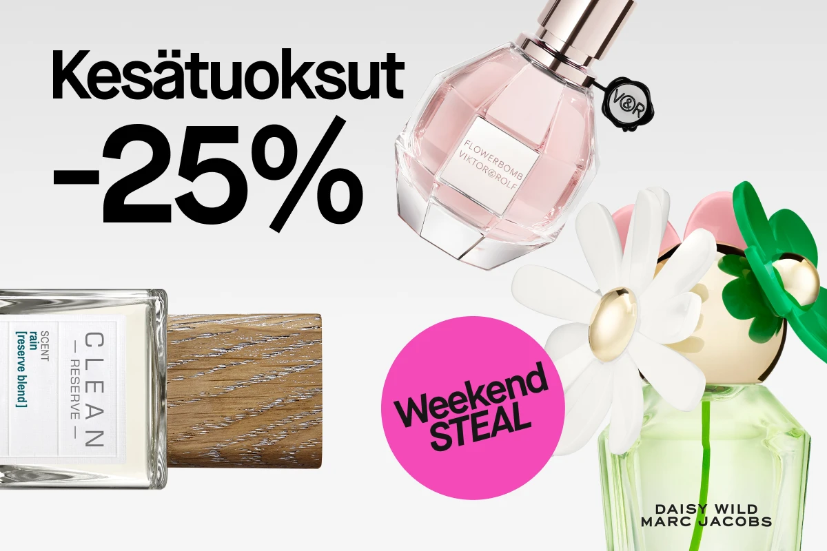 Kesätuoksut -25% alennuksessa. Kuvassa näkyy kolme eri hajuvesipulloa: Clean Reserve, Viktor&Rolf Flowerbomb ja Marc Jacobs Daisy Wild. Oikeassa alakulmassa pinkki pyöreä tarra, jossa lukee 'Weekend STEAL'.